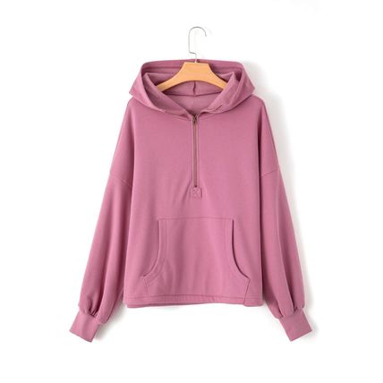 Valerian Fleece Lined Half Zipper Kangaroo Pockets Loose Hoodie