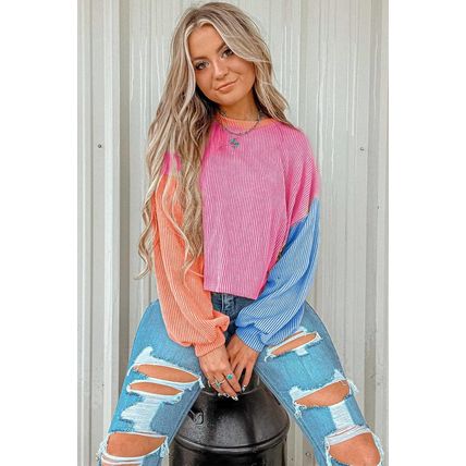 Rose Red Corded Colorblock Patchwork Drop Shoulder Long Sleeve Top