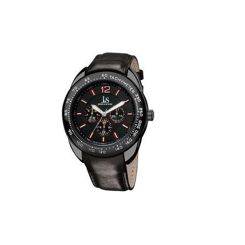 Joshua & Sons Men's Watch Black Dial Case Multi-Function Tachymeter Leather Trap