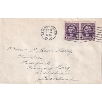 United States 1932 Redondo Beach CAL-Midlothian UK Cover Redondo cancel written