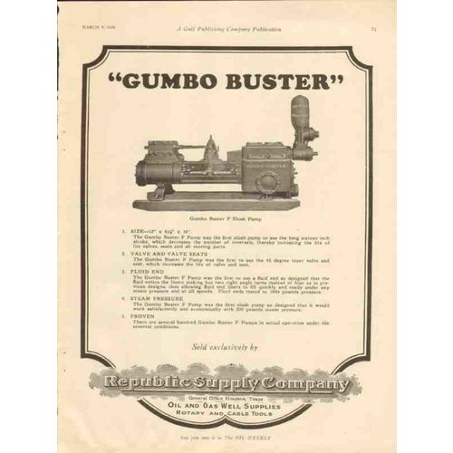 REPUBLIC SUPPLY COMPANY 1928 Gumbo buster slush pump oil vintage ad