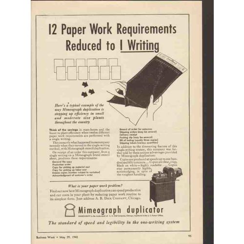 A B DICK COMPANY 1943 paper work requirements Mimeograph vintage ad