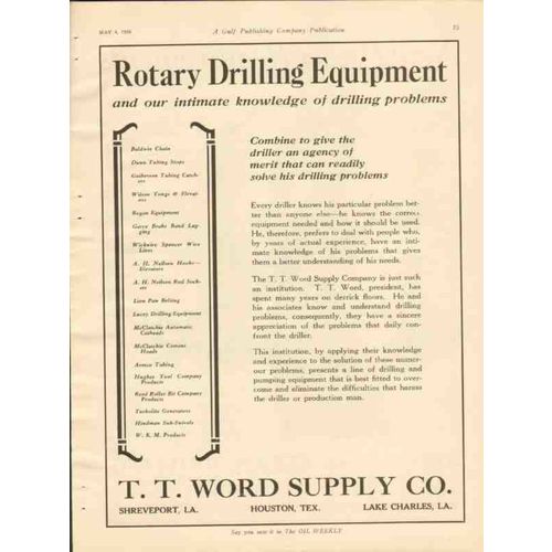 T T WORD SUPPLY COMPANY 1928 rotary drilling equipment oil vintage ad
