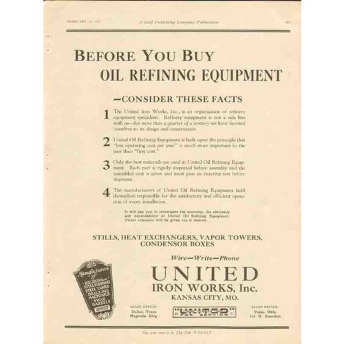 UNITED IRON WORKS INC 1928 buy oil refining equipment vintage ad