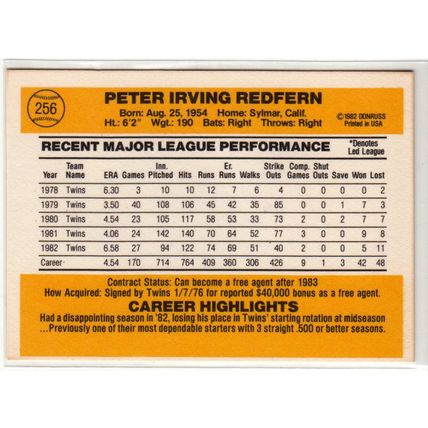 1983 Donruss baseball card 256 Pete Redfern