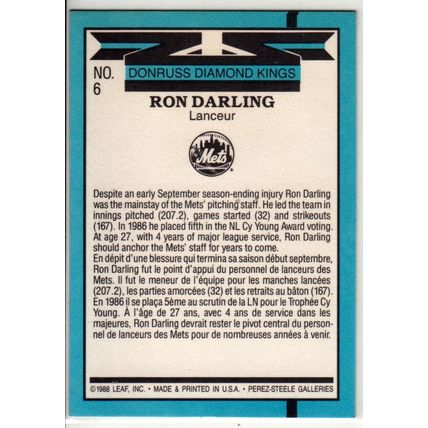 1988 Leaf Diamond Kings Ron Darling baseball card #6– Mets