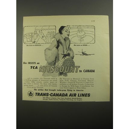 1956 TCA Trans-Canada Air Lines Ad - She insists on TCA Viscount to Canada
