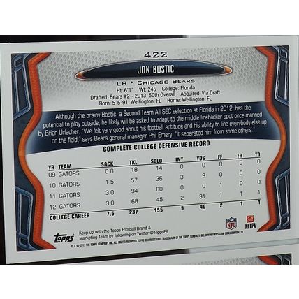 2013 Topps JON BOSTIC (Bears) Rookie Card #422
