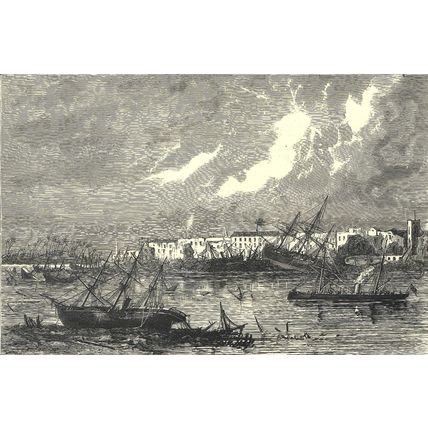 ZANZIBAR HARBOUR HURRICANE - HORSE RACING, INDIA 1872 VICTORIAN ENGRAVINGS