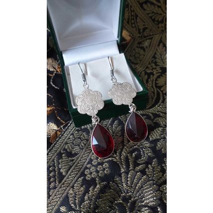 Vintage 1990-s 925 Sterling Silver Garnet Large Earrings - Hallmarked