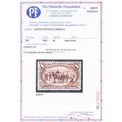 289, Mint VF/XF NH 8¢ - With PFC Certificate - Stuart Katz
