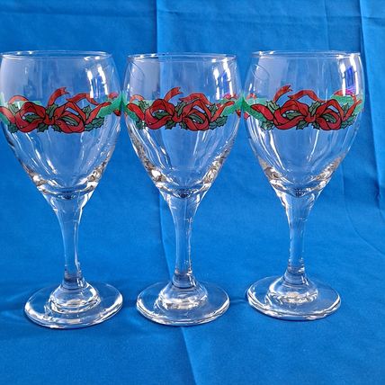 Lot 3 Libbey Christmas HOLLY & BOW WINE GLASSES Stemmed Goblets Ribbon Holiday