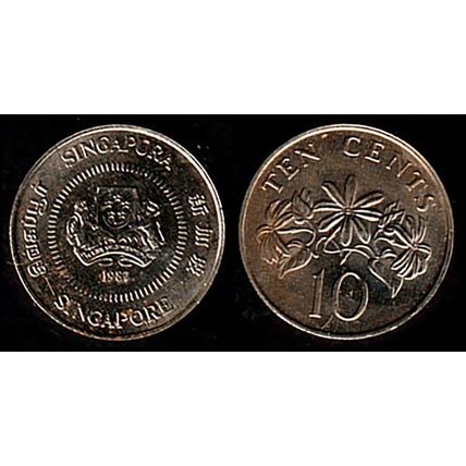Singapore Ten Cents 1987 Used Coin 10c Plant Coat of Arms
