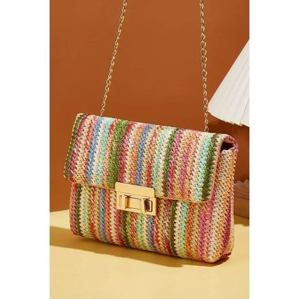 Strawberry Pink Bohemian Woven Gold Chain Shoulder Bag