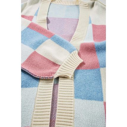 Light Blue Checkered Drop Shoulder Exposed Seam Open Front Cardigan