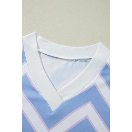 Sky Blue Zigzag Striped Print V Neck Oversized Top
