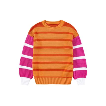 Orange Stripe Colorblock Crew Neck Drop Shoulder Loose Sweater