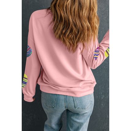 Pink Sequined Bunny Egg Easter Day Pullover Sweatshirt