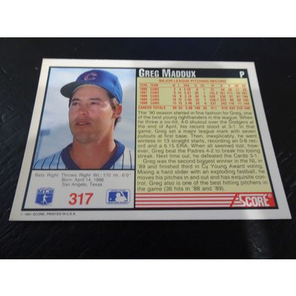 1991 Score Card # 317 Greg Maddux Excellent (5) Chicago Cubs