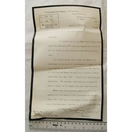 1901 letter Estate Duty Office, Somerset House, Sarah L. Silverlock