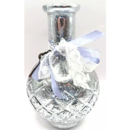 Bud Vase Shabby Chic Antique Silver Colour Grey Bow & Key Charms Glass 15.5 CM