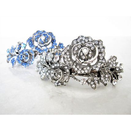 Large silver leaves rose flower blue crystal hair barrette bridal clip