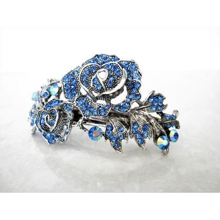Large silver leaves rose flower blue crystal hair barrette bridal clip