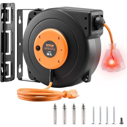 VEVOR Retractable Extension Cord Reel, 50 FT Heavy Duty 14AWG/3C SJTOW Power Cor