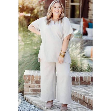 Beige Plus Size Textured Collared Top and Pants Set