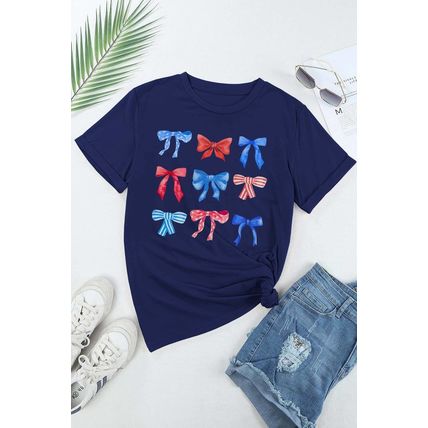 Blue Diverse Bowknot Print Independent Day Graphic Tee