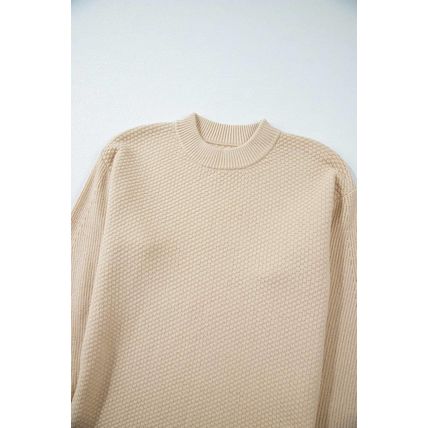 Parchment Solid Textured Knit Split Cuff Drop Shoulder Loose Sweater