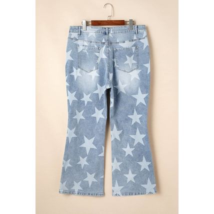 Sky Blue Star Printed Multi Buttons Slit Knee Destroyed Plus Size Jeans