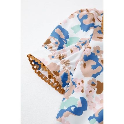 Multicolour Floral Print Ricrac Trim Collared Puff Short Sleeve Shirt