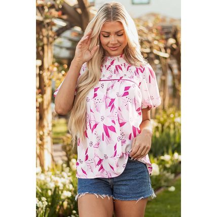 Rose Floral Frilled Collar Short Sleeve Blouse Top