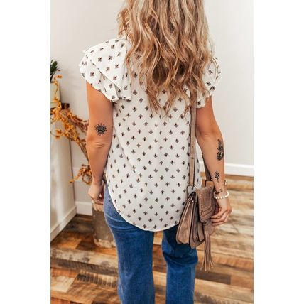 White Boho Pattern Tiered Ruffled Sleeve V Neck Buttoned Blouse