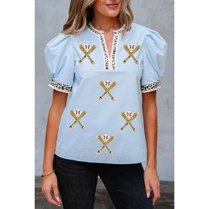 Beau Blue Sequin Baseball Set Contrast Leopard Trim Short Puff Sleeve Blouse