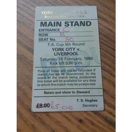 1986 FA Cup 5th Round Programme & Ticket – York City v Liverpool