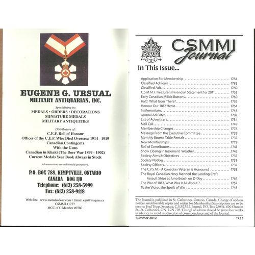 CSMMI Canadian Society of Military Medals and Insignia Journal Summer 2012