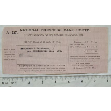 1948 dividend National Provincial Bank, Parkinson