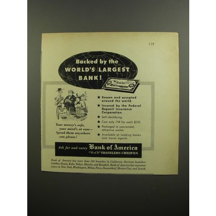 1952 Bank of America Travelers Cheques Ad - Backed by the world's largest bank!