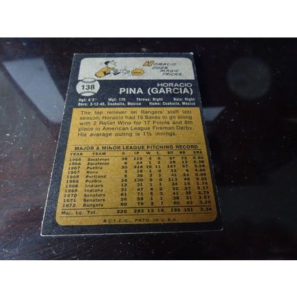 1973 Topps Card # 138 Horacio Pina Very Good-Excellent (4) Texas Rangers