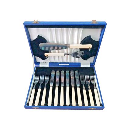 Silver Plated Antique Robert Stewart Cutlery Set with Box and Label