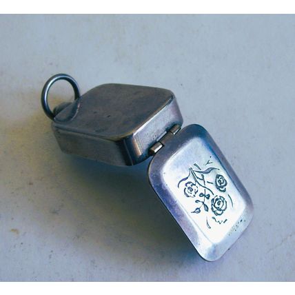 Antique Fob Snuff Box Watch Chain Tablet Pill Engraved Pocket White Metal Case