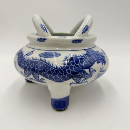 Vtg Quainlong Chinese Incense Burner Bowl Porcelain Marked Dragons Tripod Handle