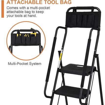 Hbtower Step Ladder with Handrails, Folding Step Stool with Attachable Tool Bag