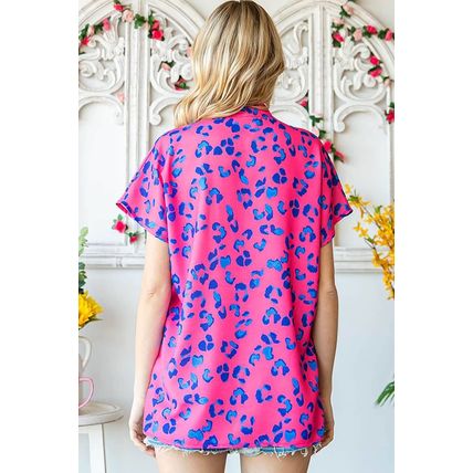 Rose Contrast Leopard Print Plus Size V Neck Blouse