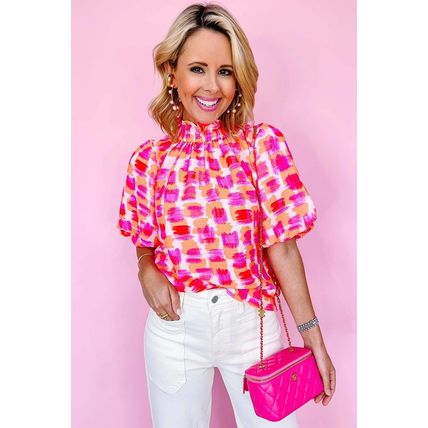 Pink Abstract Print Button Back Ruffed High Neck Blouse