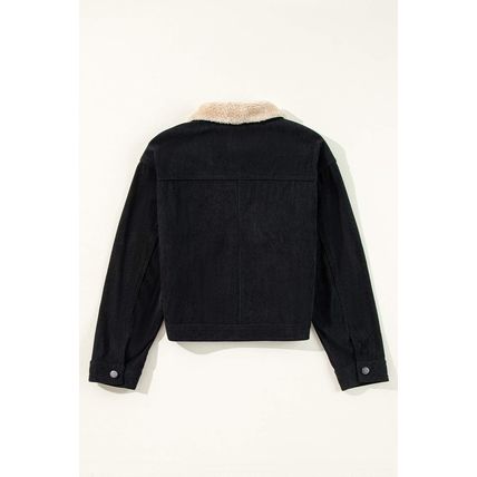 Black Fleece Lined Button-up Collared Corduroy Crop Jacket