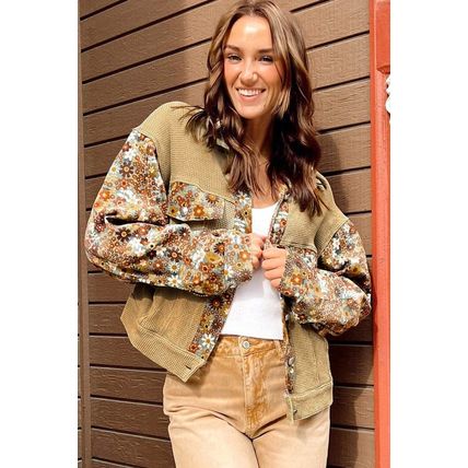 Khaki Waffle Knit Floral Print Patchwork Button up Jacket