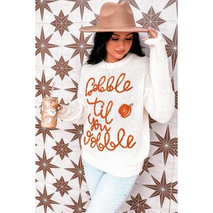 White Gobble Til You Wobble Pop Up Crochet Plus Size Sweater
